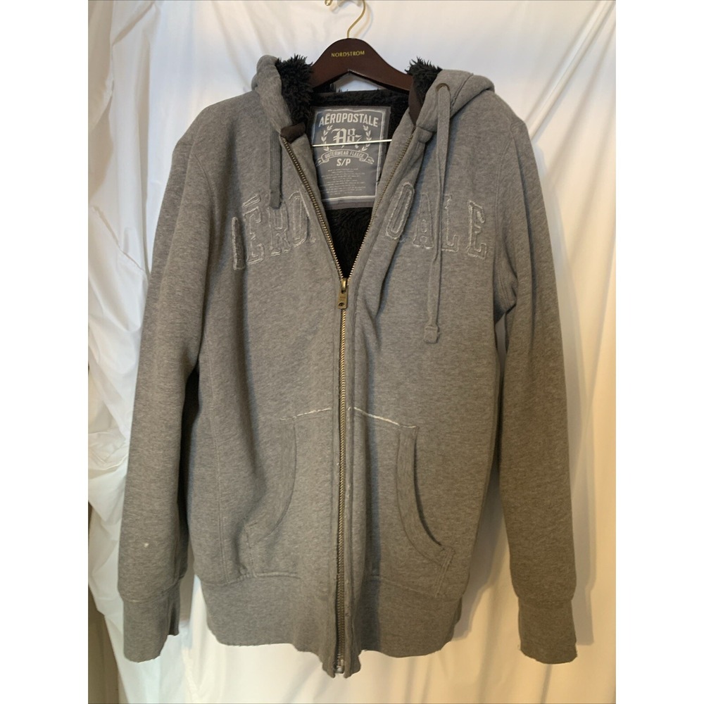 Y2K 2000s Aeropostale Faux Fur Lined Zip Hoodie Jacket Gray‎ S/P